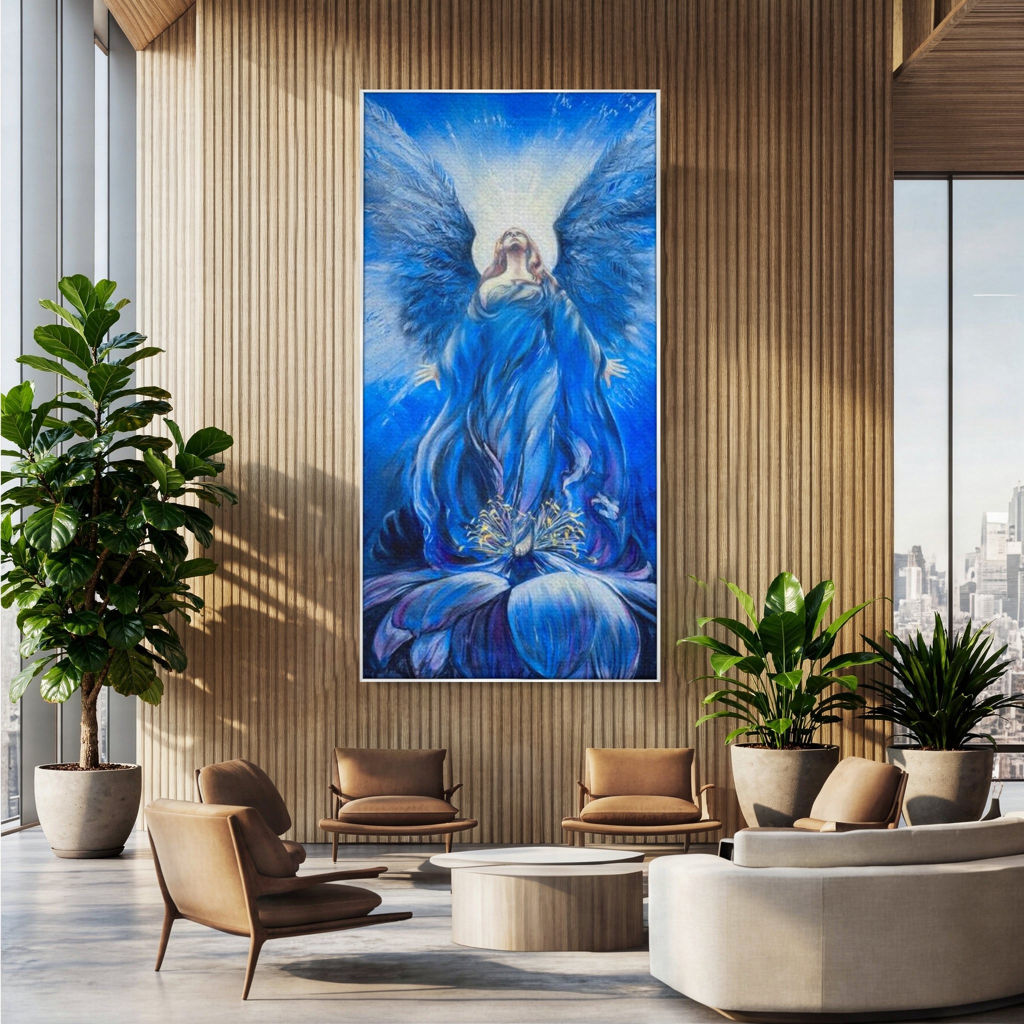 Tablou canvas cu tablou canvas cu inger albastru, in rama de aluminiu argintiu, pe perete intr-un birou
